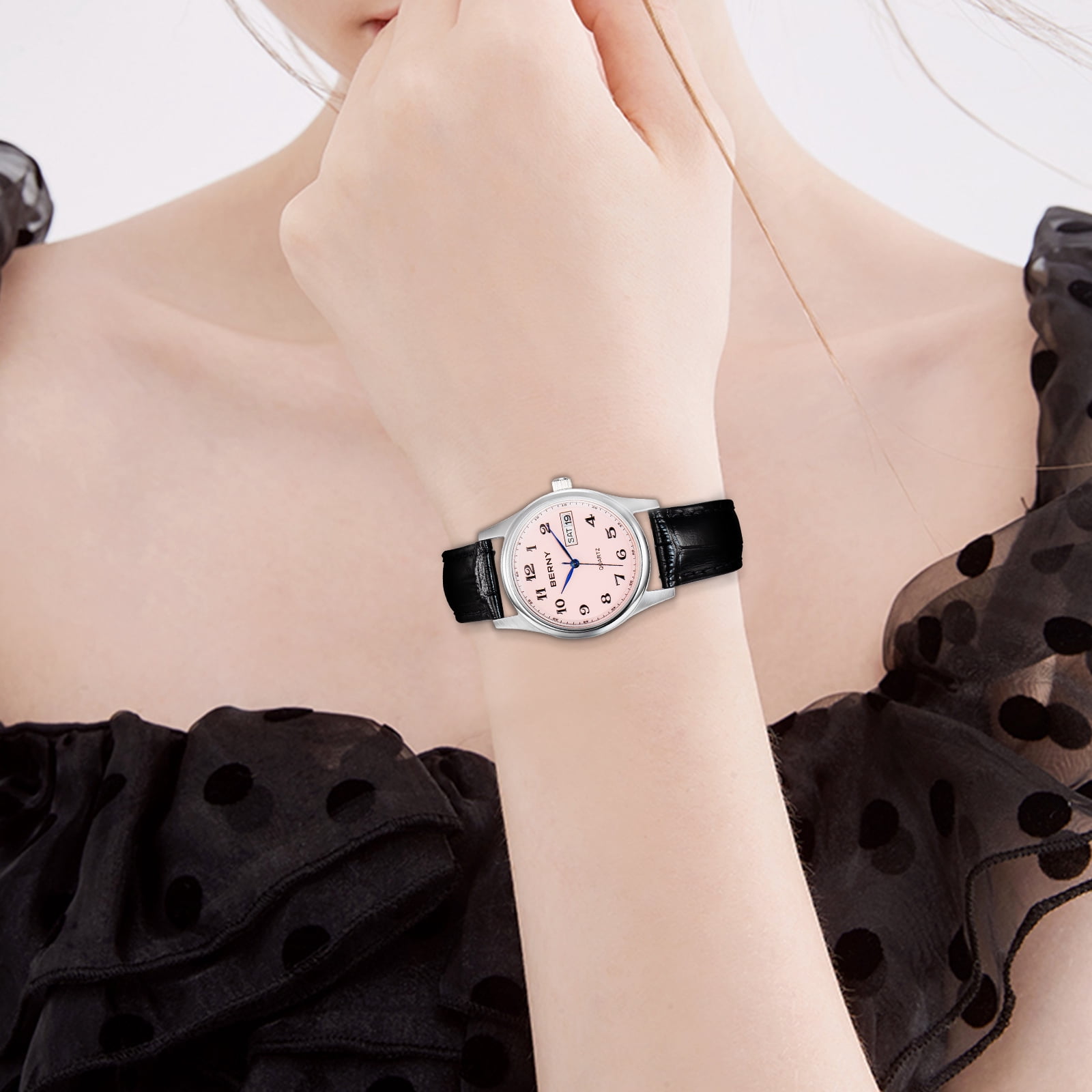 BERNY Watch for Women, Fashion Women's Wrist Watch with Leather Strap, Arabic Numerals Dial, Day & Date Calendar, 3ATM Waterproof, Classic Analog Ladies Quartz Watch, Pink