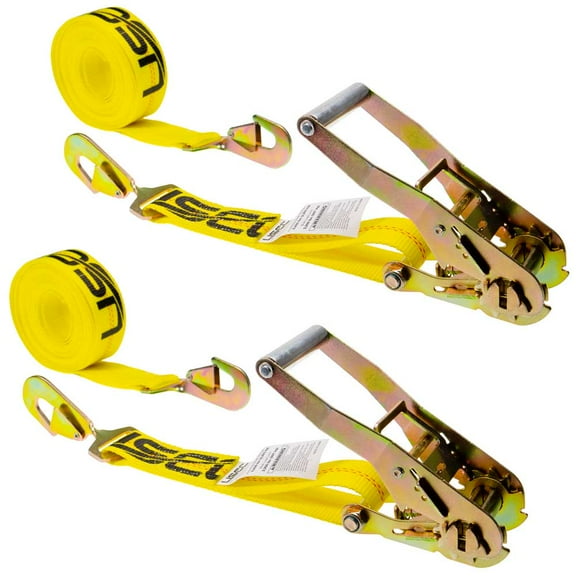 2" x 20' Ratchet Strap w/ Twisted Flat Snap Hooks (Yellow) - 2 Pack