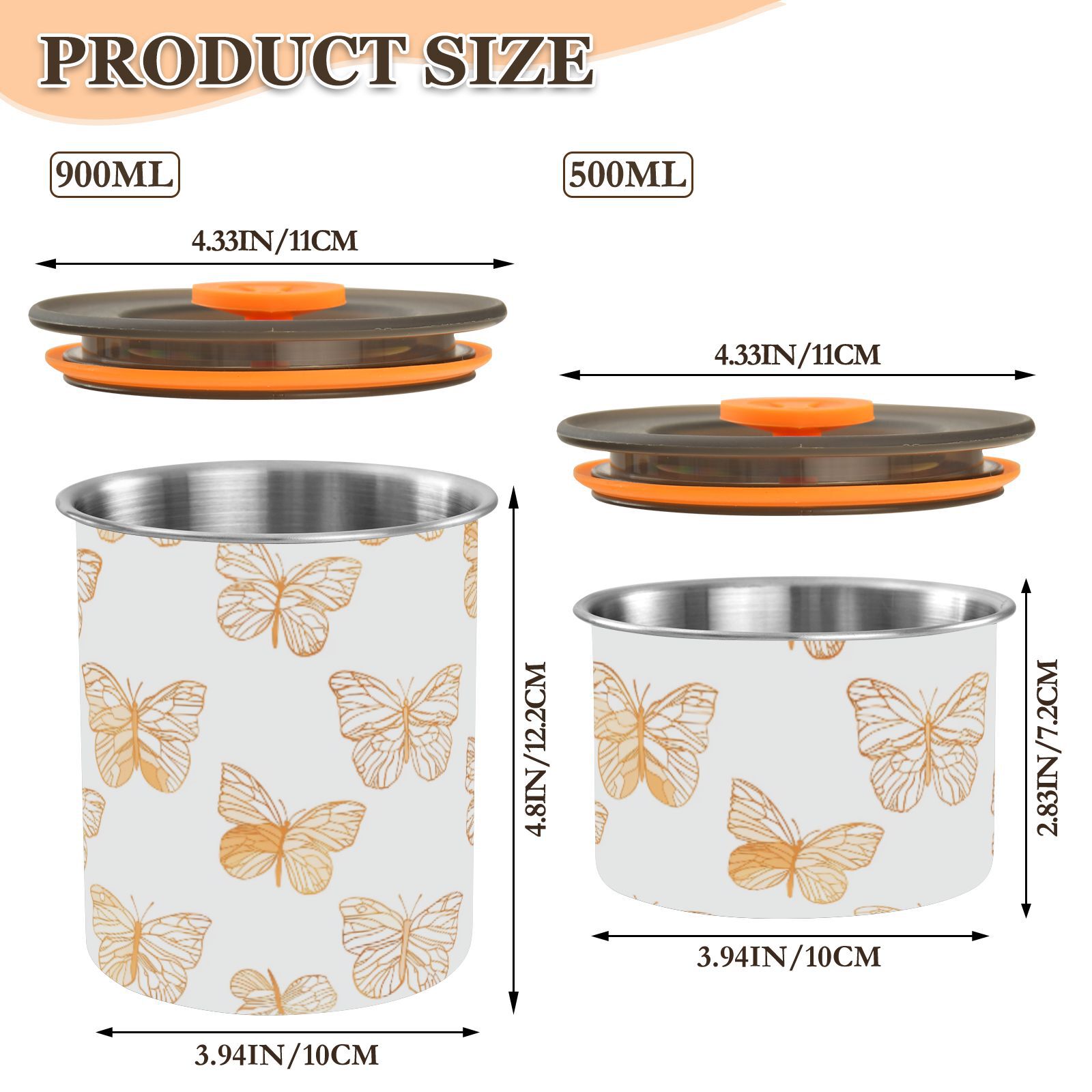 Gold Butterfly Print Airtight Coffee Bean Canister 30oz Food Storage Containers with Lids For Gournd, Tea, Sugar, Flour, Rice, Cereal, Candy Cookie Jar