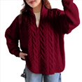thumbnail image 3 of Suéteres de Otoño para Mujer, Jersey de Larga con Cremallera de un Cuarto, Jersey Informal Holgado con Cuello en V y Punto Vino Tinto M, 3 of 7