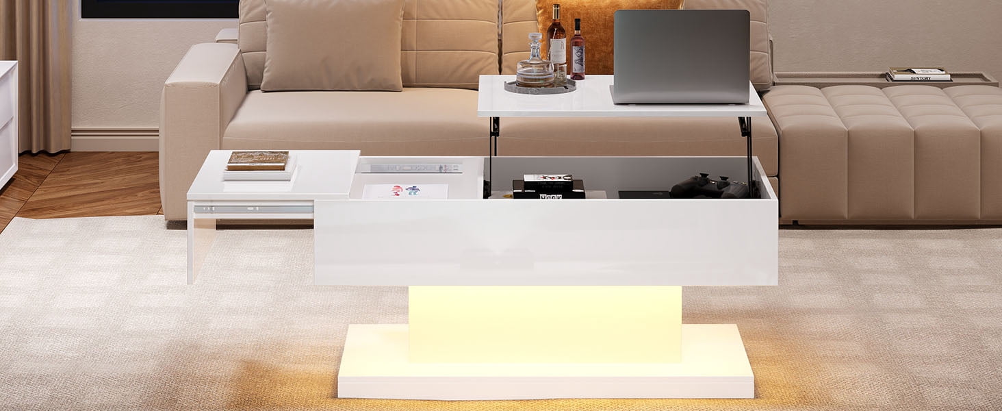 Table basse relevable Noble House, laquée brillante, éclairage DEL, plateau coulissant extensible et mécanisme de levage, blanche