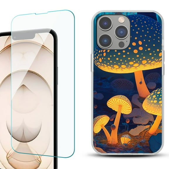 OneToughShield ® for iPhone 15 Pro Shockproof Phone Case, with Tempered Glass Screen Protector - Glowing Mushroom