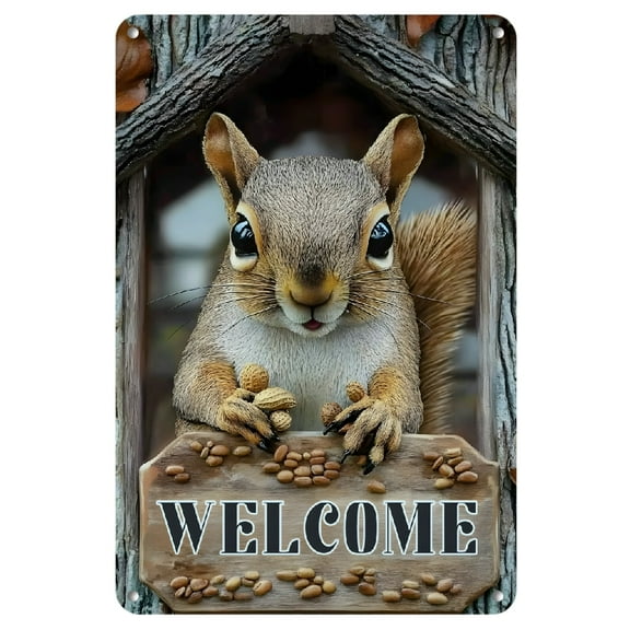 [2D Flat]1pc Rustic Welcome Metal Sign, 12x8inch Sign Autumn Outdoor Lawn and Porch Decor - No Electricity Needed, Squirrel Decor
