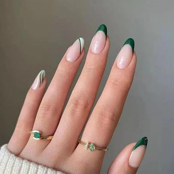 Short Press on Nails Almond Green French Tip False Nails with White Lines Designs Semitransparent Acrylic Nails Press ons for Women 24 Pcs