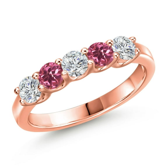 Gem Stone King 18K Rose Gold Plated Silver Lab Grown Diamond and Pink Tourmaline Wedding-Bands Ring for Women | 0.81 Cttw | Round 3.5MM | Gemstone April Birthstone | Size 6