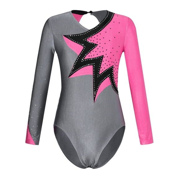 iiniim Kids Girls Long Sleeve Sparkly Diamonds Tumbling Ballet Dance Leotard Gymnastics Bodysuit Skating Jumpsuit Size 6-16 Pink 16