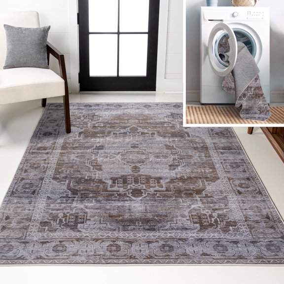 JONATHAN Y WASHABLE 4 x 6 Area Rug, Alanya Ornate Medallion - Brown/Light Gray, WSH100C-4