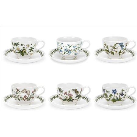 

LINSHUI Botanic Garden Teacup and Saucer | Set of 6 with Assorted Floral Motifs | 7 Oz Teacups and Saucers | Made in England from Fine Earthenware | Dishwasher Safe