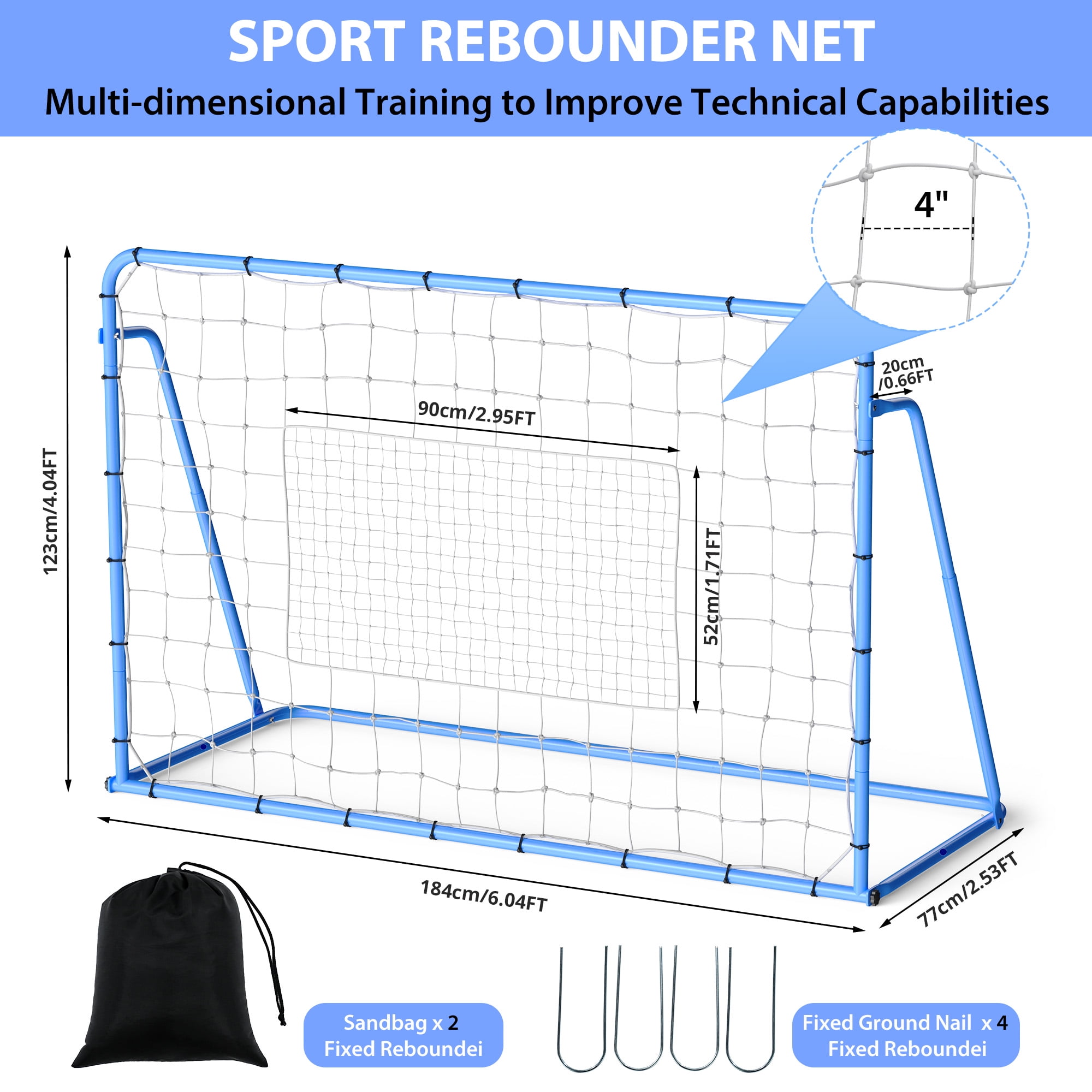 Soccer Rebounder Net 6x4Ft, Adjustable Angle Football Trainer with Heavy-Duty Steel Frame, All-Weather Rebound Board for Backyard, Field Training