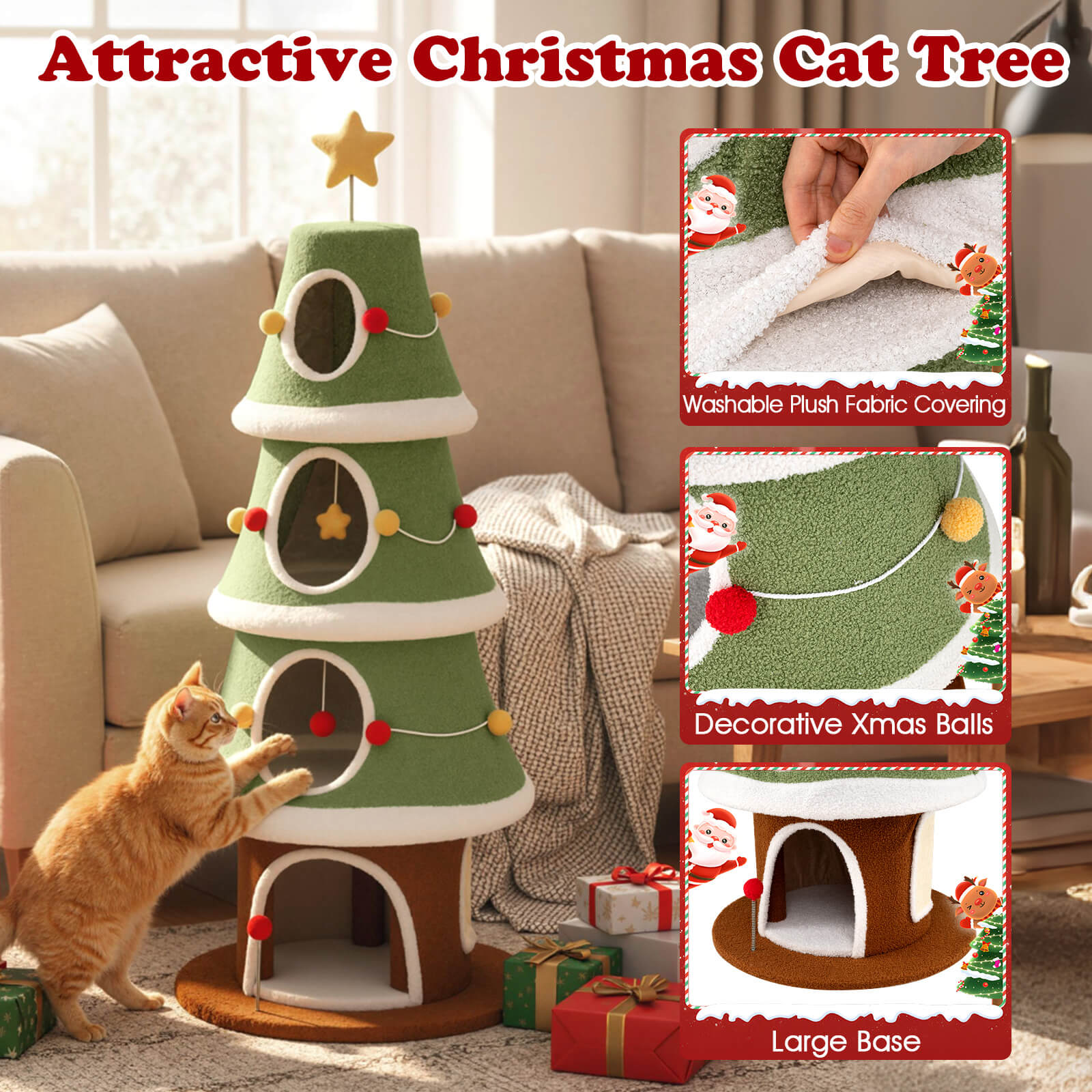 Costway 61”Large Christmas Cat Tree with 4 Condos, Sisal Carpet, Dangling Ball, Spring Toy