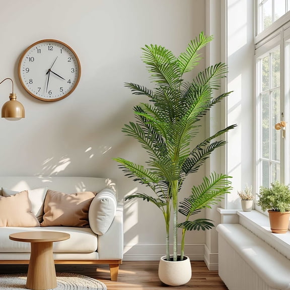 GDF Studio 78.5" Artificial Palm Tree with Black Plastic Pot Set of 2, Green Fronds, Faux Plant Home Decor