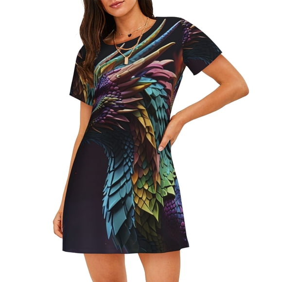 Bixox Dragon with Colorful Tail Pattern Women's Nightgown, Soft & Breathable Sleepwear, Round Neck Knee-Length Pajama Dress,Loungewear for Home & Sleep