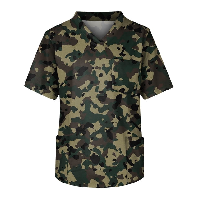 Men's Short Sleeve V Neck Camouflage Print Chest Pocket Carer Top XL
