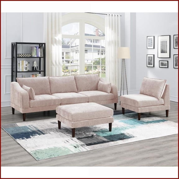Blush Pink 5-Piece Modular Suede-Like Fabric Sectional - 93” Modern Living Room Sofa Set with Ottoman | Pink | Fabric | Cushion Back
