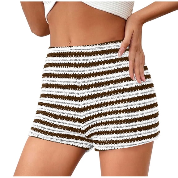 Qgtaibl Womens Striped Knit Shorts High Waisted Stretchy Casual Shorts Summer Lightweight Breathable Mini Shorts for Party Coffee XS