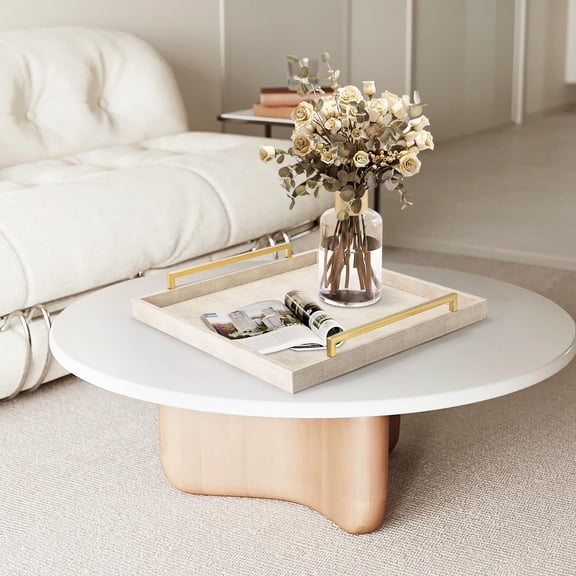 Large Ottoman Tray for Coffee Table, Square Shagreen Leather Decorative Tray with Gold Handles for Living Room Decor