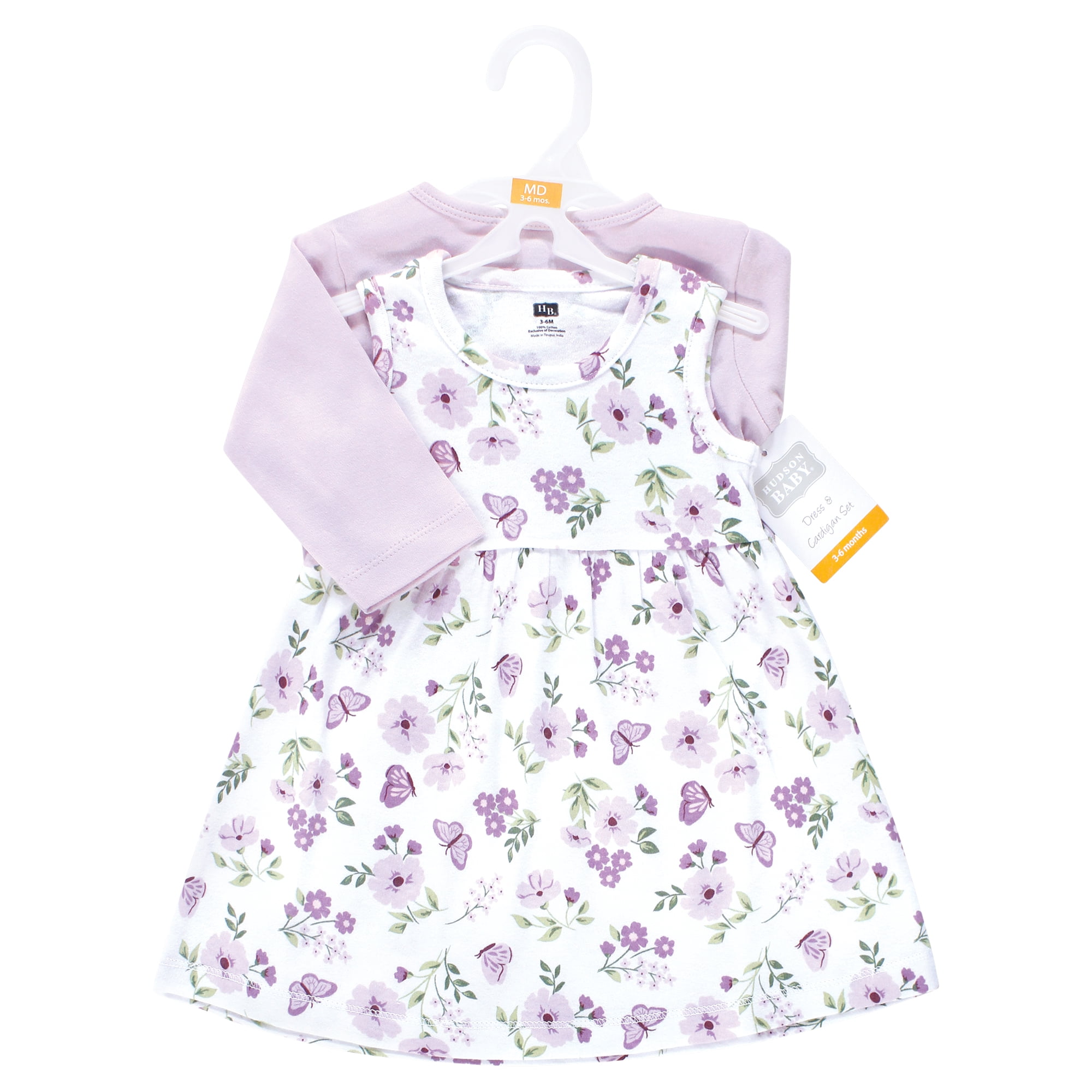Hudson Baby Infant and Toddler Girls Cotton Dress and Cardigan Set, Purple Butterfly Floral, 2T