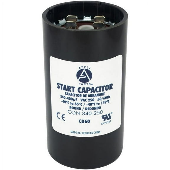Appli Parts motor start capacitor 340-408 Mfd (microfarads) uF 250 VAC universal fit for electric motor applications 1-3/4 in Diameter 4-3/8 in Height CON-340-250