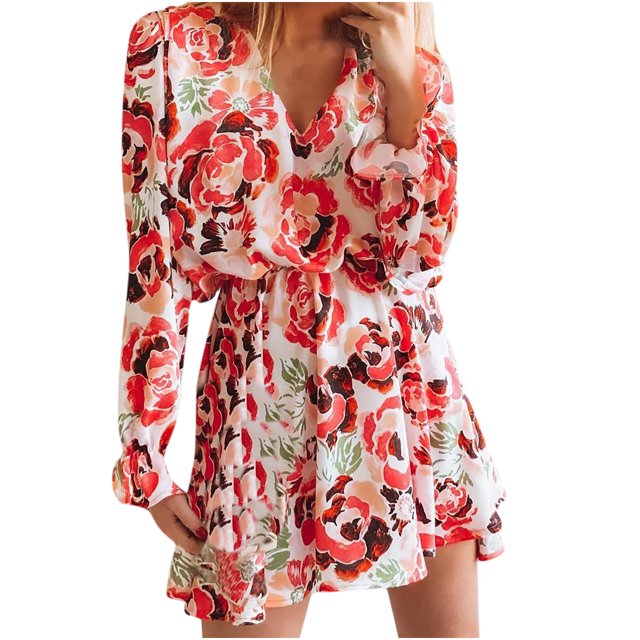 Impresión de Mujer Dibujo Suelto Vestido de Manga Larga Vestido Corto Casual Odeerbi ODB113044