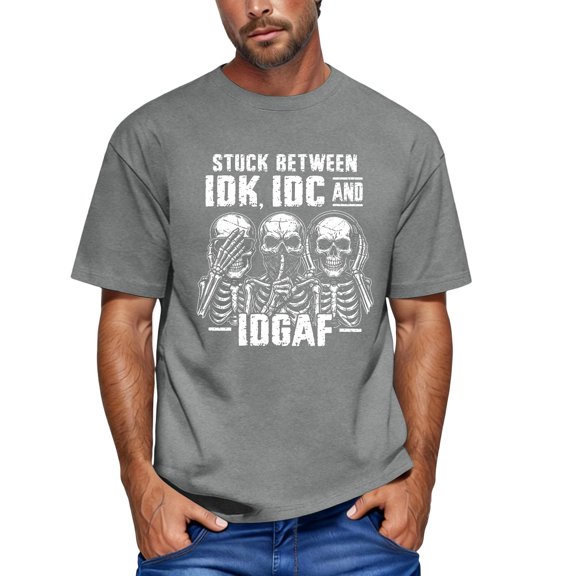 EANJE Men's Funny T-Shirt IDK IDC IDGAF Skull Print Shirts Casual Crew Neck Short Sleeve Funny Slogan Tee Humor Novelty Gift for Sarcasm Laughs Lover Gray L