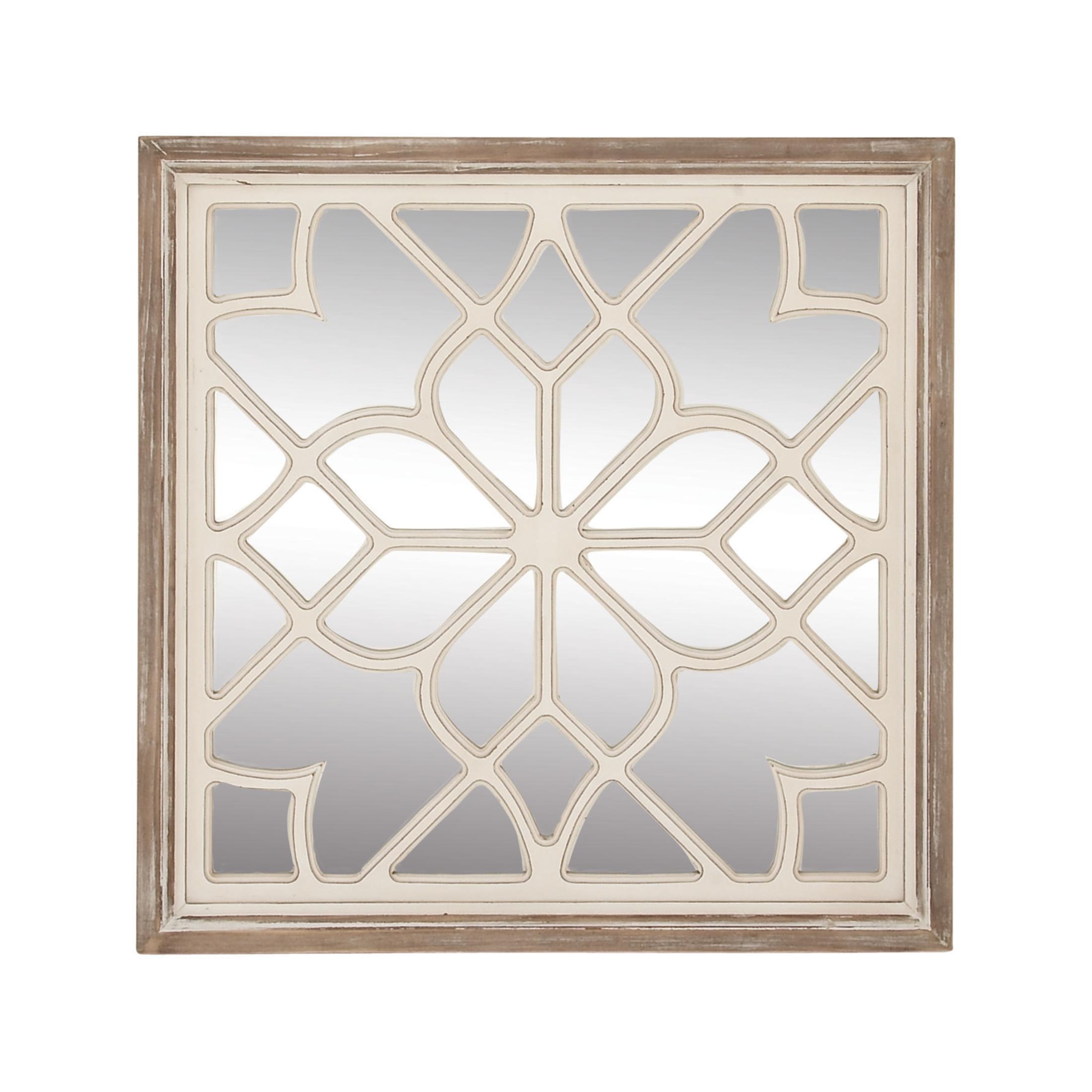 DecMode White Wood Floral Room Wall Mirror with Carved Overlay and Brown Frame, 30" x 1" x 30"