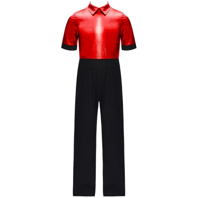 YiZYiF Justaucorps Complet pour Garçons Combinaison à Manches Courtes Tenue de Danse Jazz Métallique Extensible Rouge 16