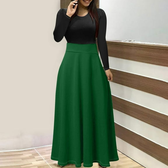 Deal for Days Holiday Decor Ofreoo Women's Fashion Solid Long Sleeve Round-neck Pullover Patchwork Dress Womens Fall Fashion 2024