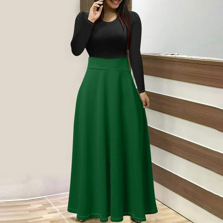SMihono Fashion Womens Long Sleeve Maxi Dress Color Block Boho