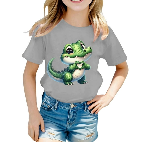 Tisuna Dinosaur Print Summer Tees For Child Girls Boys Short Sleeve Crew Neck Casual Tops Cute Lightweight Kids Pullover Clothes Light Gray Size 3-4 Years