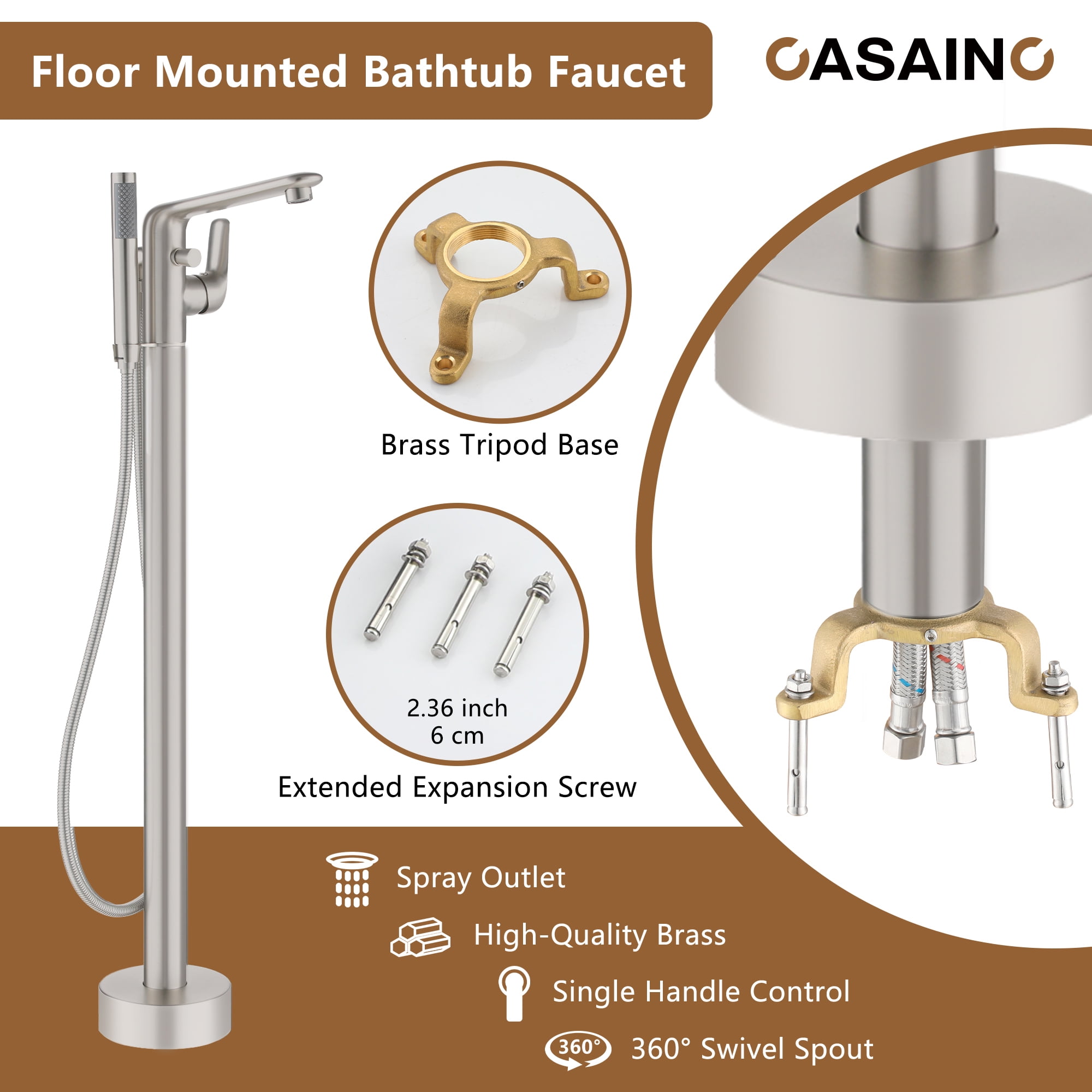 CASAINC Single-Handle Modern Floor Mount Freestanding Bathtub Faucet with Handheld Shower in Brushed Nickel