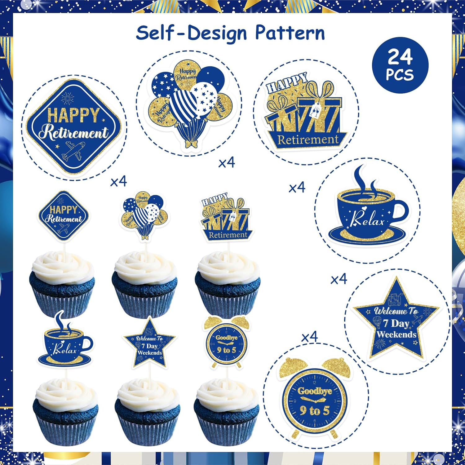60 Pcs Happy Retirement Cupcake Toppers Gold