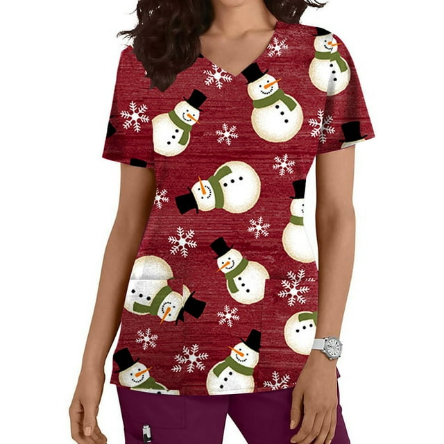 LSLJS Blouses Médicales à Manches Courtes Col en V Imprimé de Noël avec Poches pour Infirmières, Christmas Scrub Tops