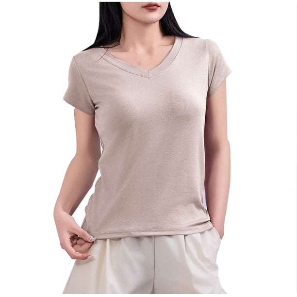 Mujeres Manga Corta Tops Casual, Color Sólido Cuello en V, Camiseta Casa Blusas para Mujeres