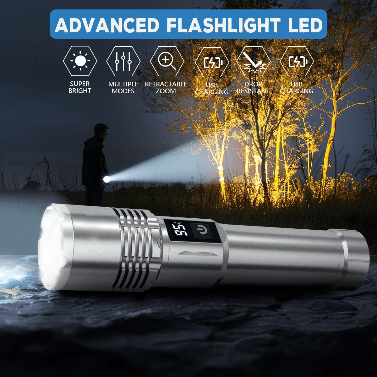 2pack High Lumens USB Rechargeable LED Flashlights, 3 Modes Super Bright Powerful Zooom Handheld Flashlight With 18650 Battery & LCD Power Display For Home/Camping/Hiking