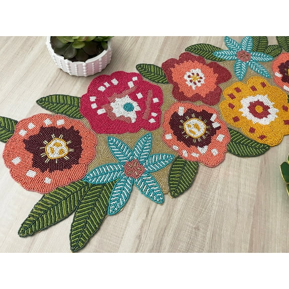 Handmade table runner, beaded runner, floral spring runner, 13x36inch, multicolour