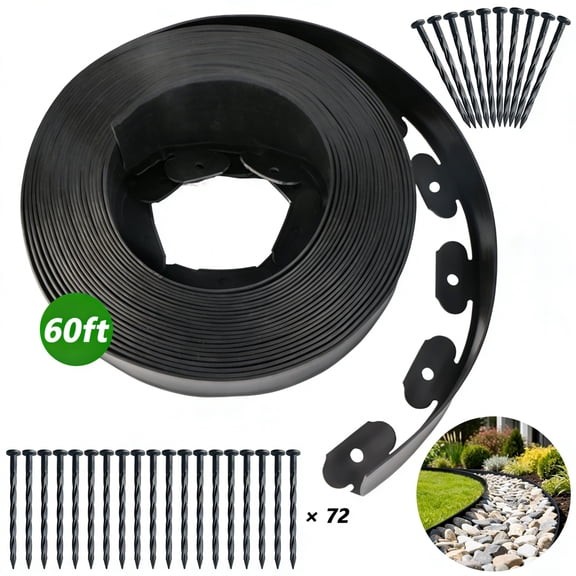 No Dig Landscape Edging Kit 60FT - Heavy Duty 2in Tall Black Garden Border with 72 Spikes | Easy Install Flexible Edging for Lawn & Flower Bed