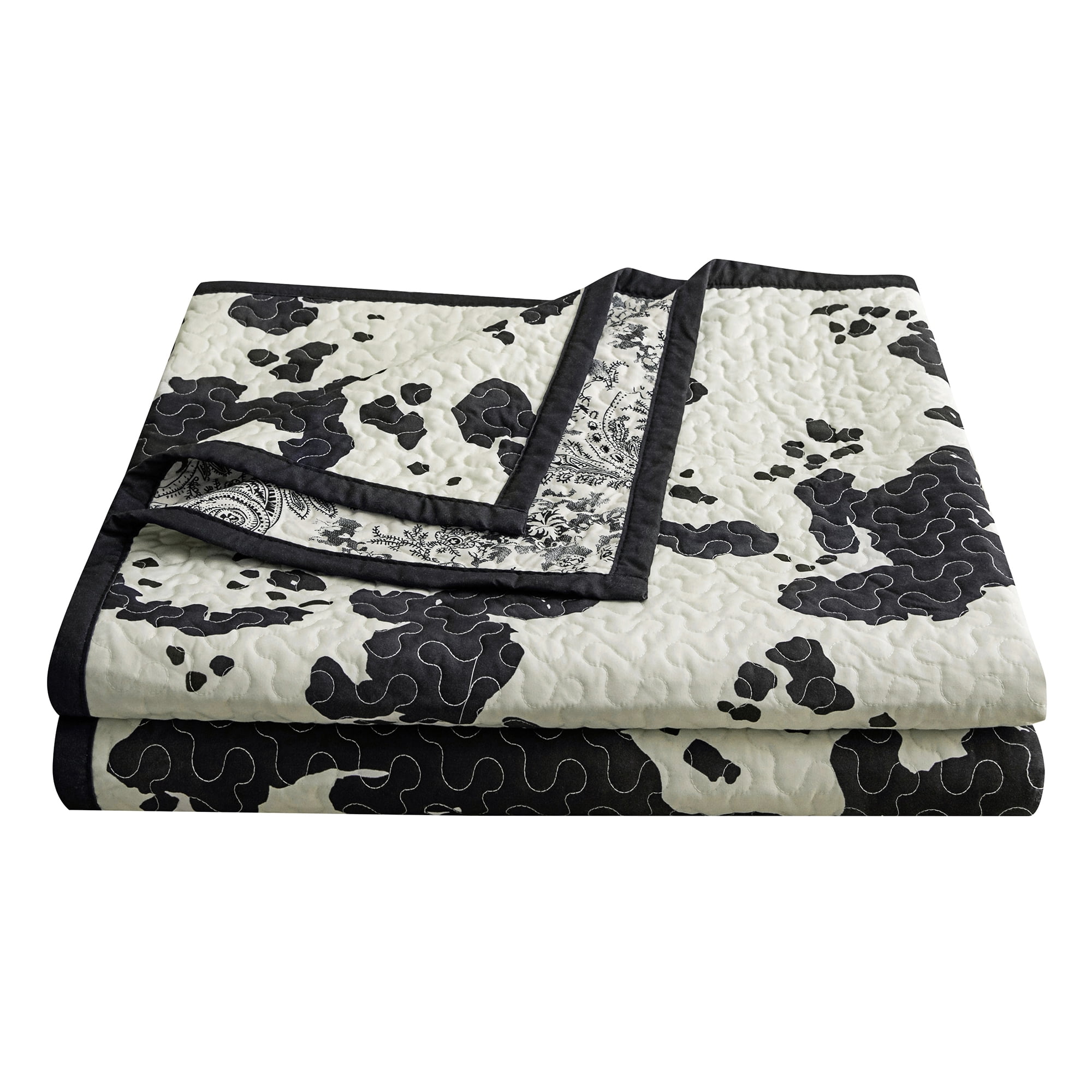 Indigo Hill Clara Cowhide 3 Piece Black Cow Print Reversible Cotton Quilt Set, Western Bedding, Full/Queen