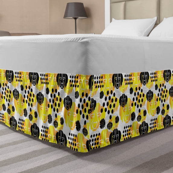 Modern Bed Skirt, Dog Lover Abstract Grunge Artwork Pattern of Dots and Puppy Heads, Elastic Bedskirt Dust Ruffle Wrap Around for Bedding Decor, 4 Sizes, Yellow Pale Grey and Peach, by Ambesonne