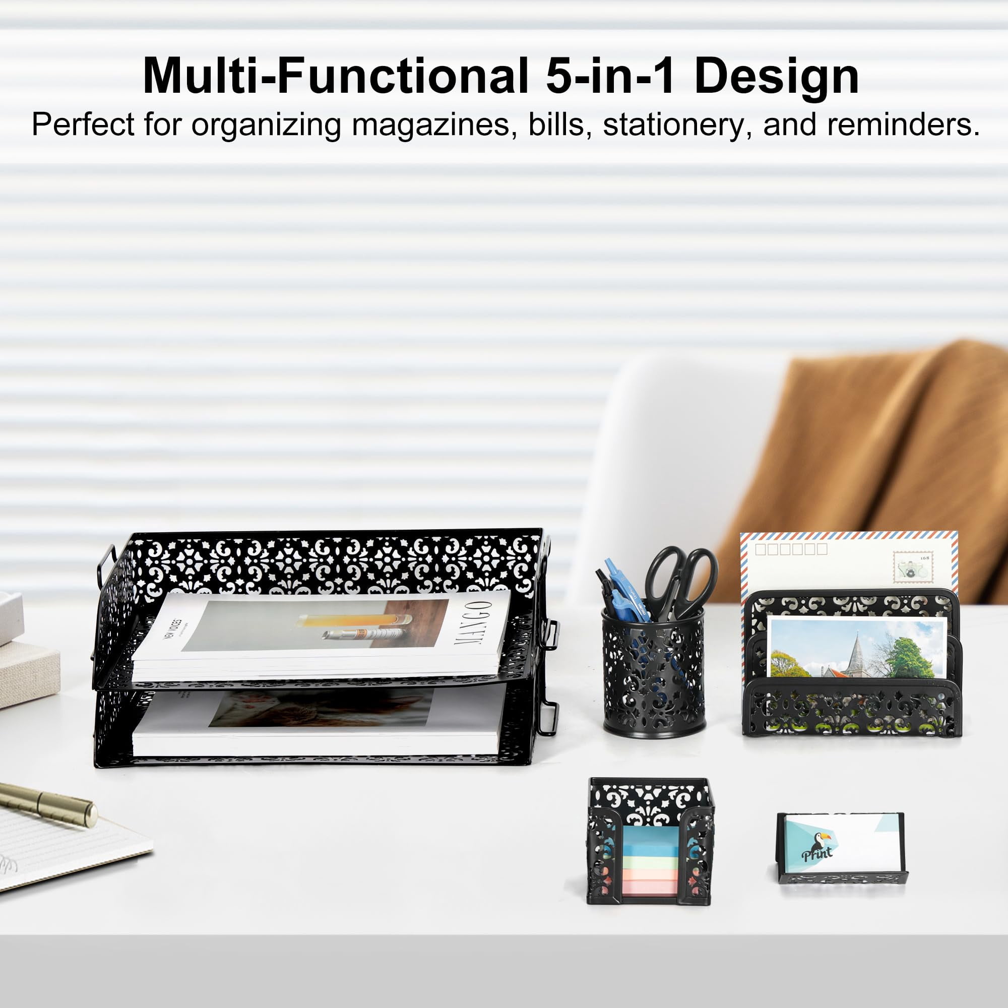 Desk Organizers And Accessories 5 Pieces Office Supplies Set - 2 Tier Paper Tray  Pencil Organizer For Mail Sorter Countertop Business Card Holder Sticky Note Black