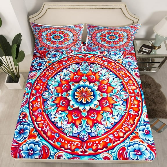 Exotic Paisley Sheets Full,Tribal Bohemian Fitted Sheet Teens,Groovy Mandala Bed Sheets,Retro Vintage Flower Floral Bedding SetNo Top Sheet