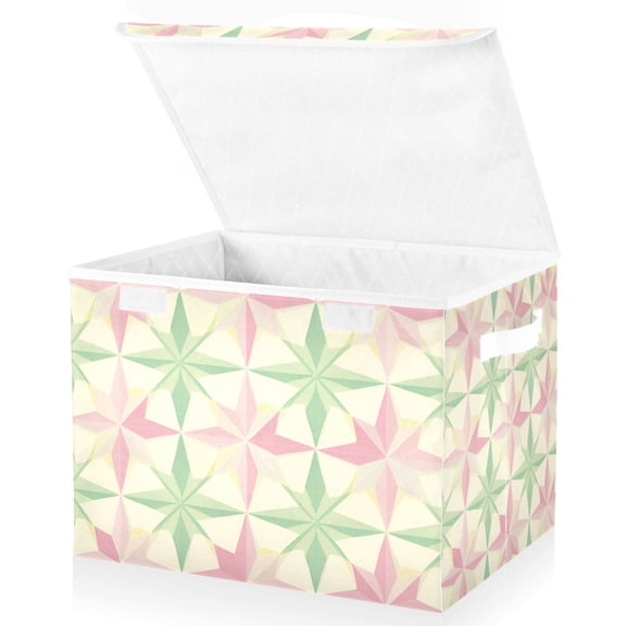 Yayeee Collapsible Cube Storage Bin with Lid Fabric Closet Decorative Basket with Handles, Beige Symmetrical Stars