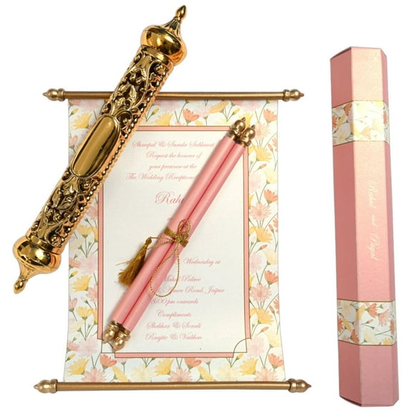 Pink & Multi Color Scroll Invitation, Rich, Elegant, Anniversary, Engagement, Bridal Shower, Indian, Muslim, Christian, Mezuzah, Mitzvah, Scroll Case, Scrolls