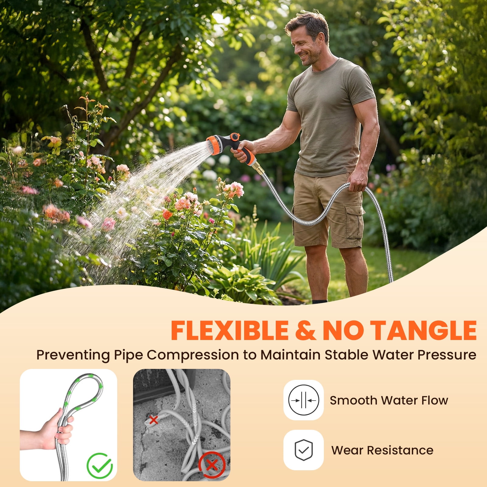 KOYMISKU Garden Hose 50FT, Stainless Steel Water Hoses with 10-Mode Nozzle Sprayer, Tangle Free Water Pipe for Yard Outdoor