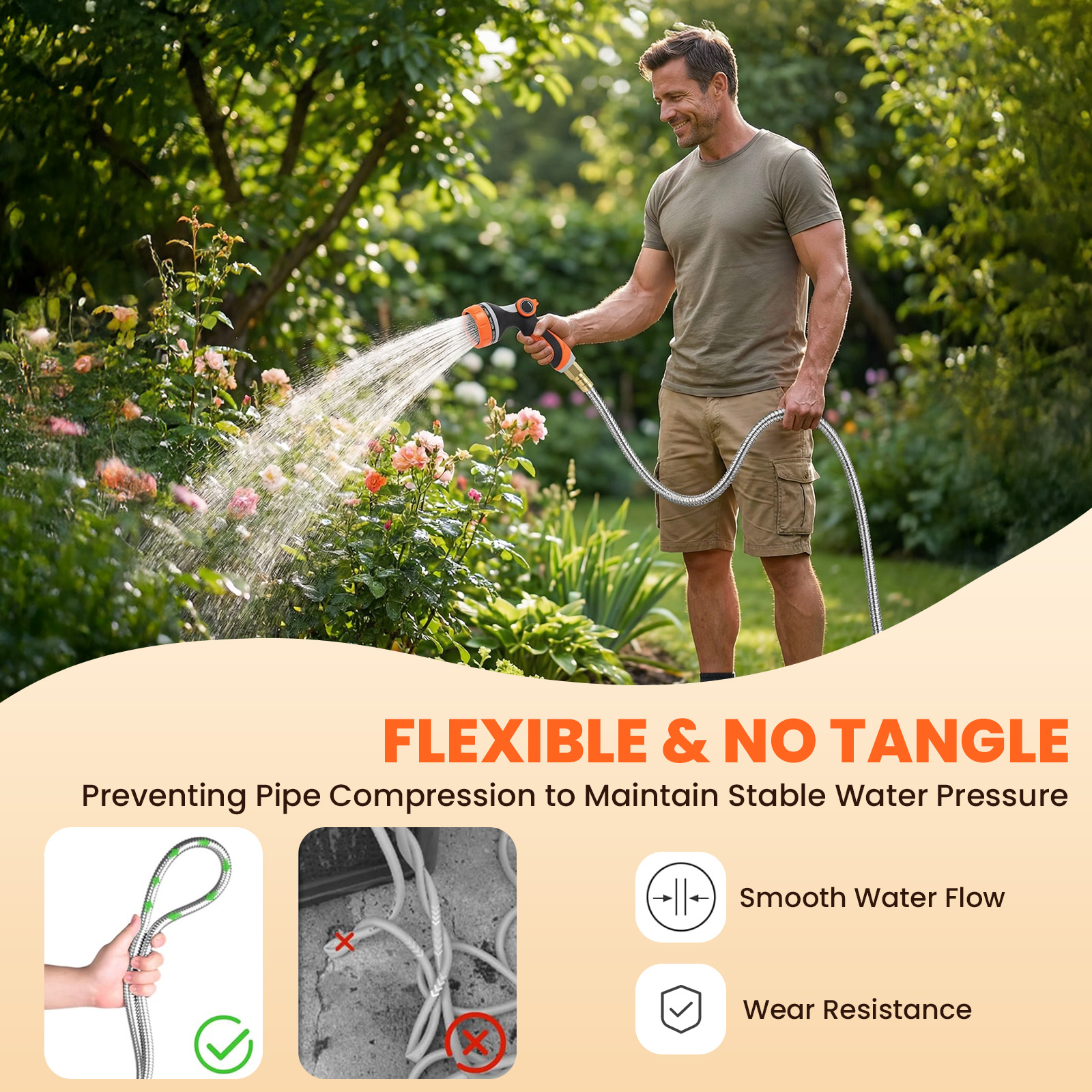 KOYMISKU 50 Ft Stainless Steel Metal Garden Hose with 10-Mode Nozzle photo 8