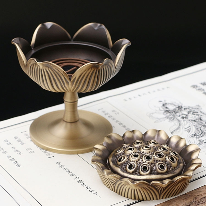 Copper Incenses Stick Burner Holder Lotuses Shaped Lid Censer Bowl Incenses Tray Home Decorations for Meditation, Yogas