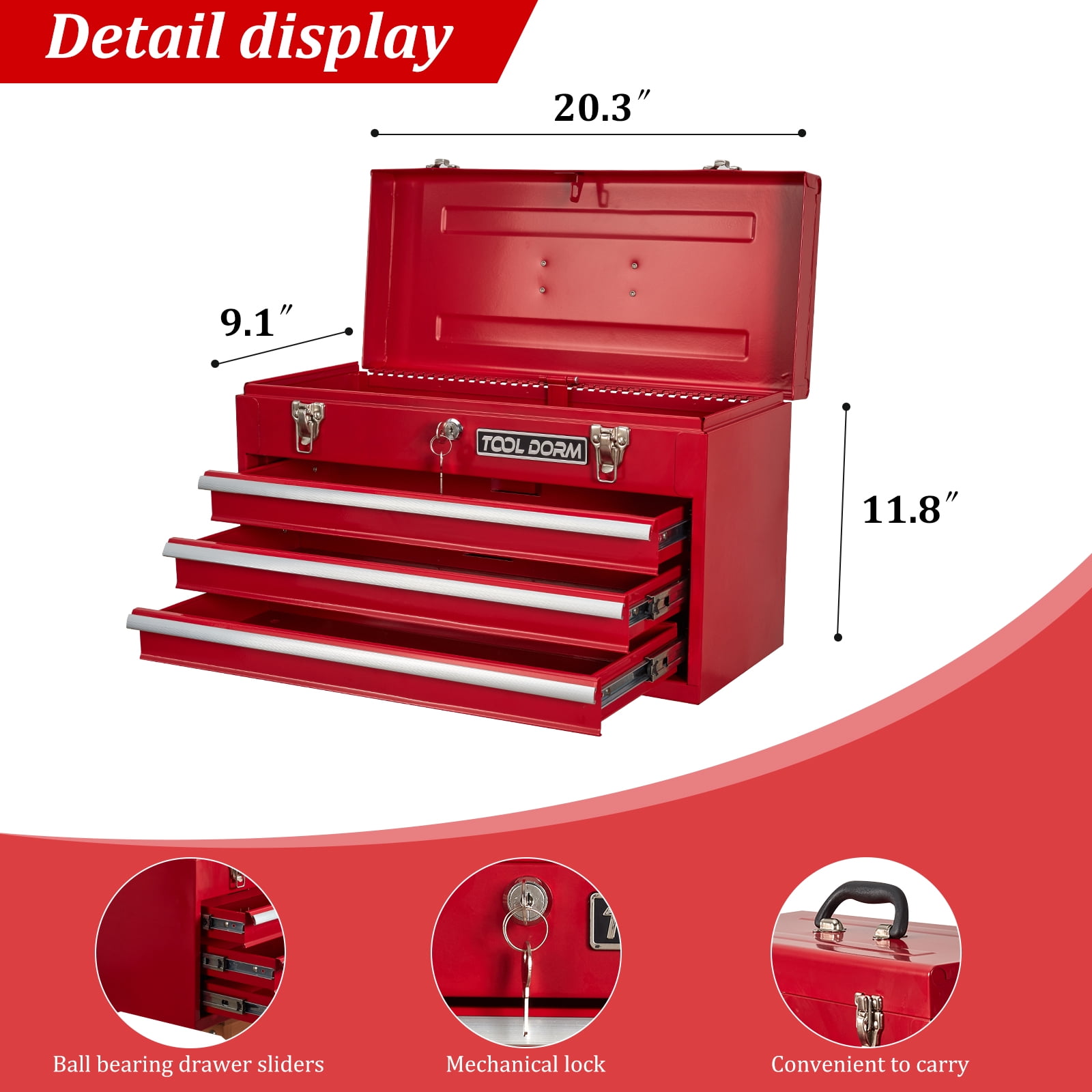 20.3“ Metal Tool Box with Drawer Portable Steel Metal Tool Box with Protective Liner and Metal Latch Closure and Lock for Garage, Home and Warehouse (Red-3 Drawers)