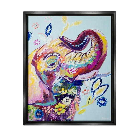 Floral Pattern Fun Elephant Animals & Insects Painting Jet Black Framed Art Print Wall Art