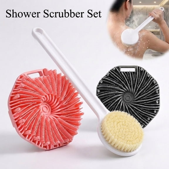 2 Pack Body Scrubber Set With Long Handle Back Scrubber - Non-Slip Shower Body Brush For Exfoliating, Charcoal, Gentle Massage For Men & Women