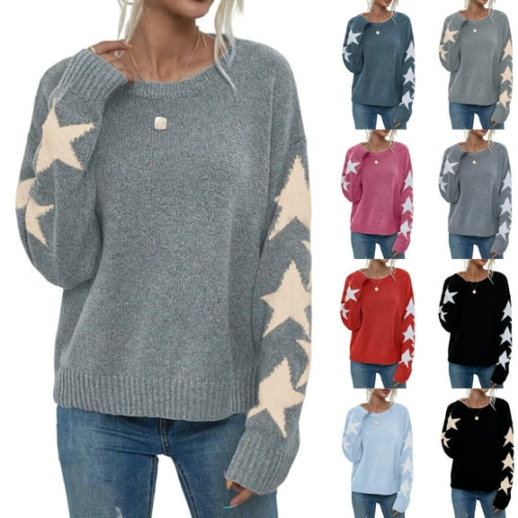 Women's Star Pattern Crewneck Sweater Lightweight Long Sleeve Pullover (Army Green, L)