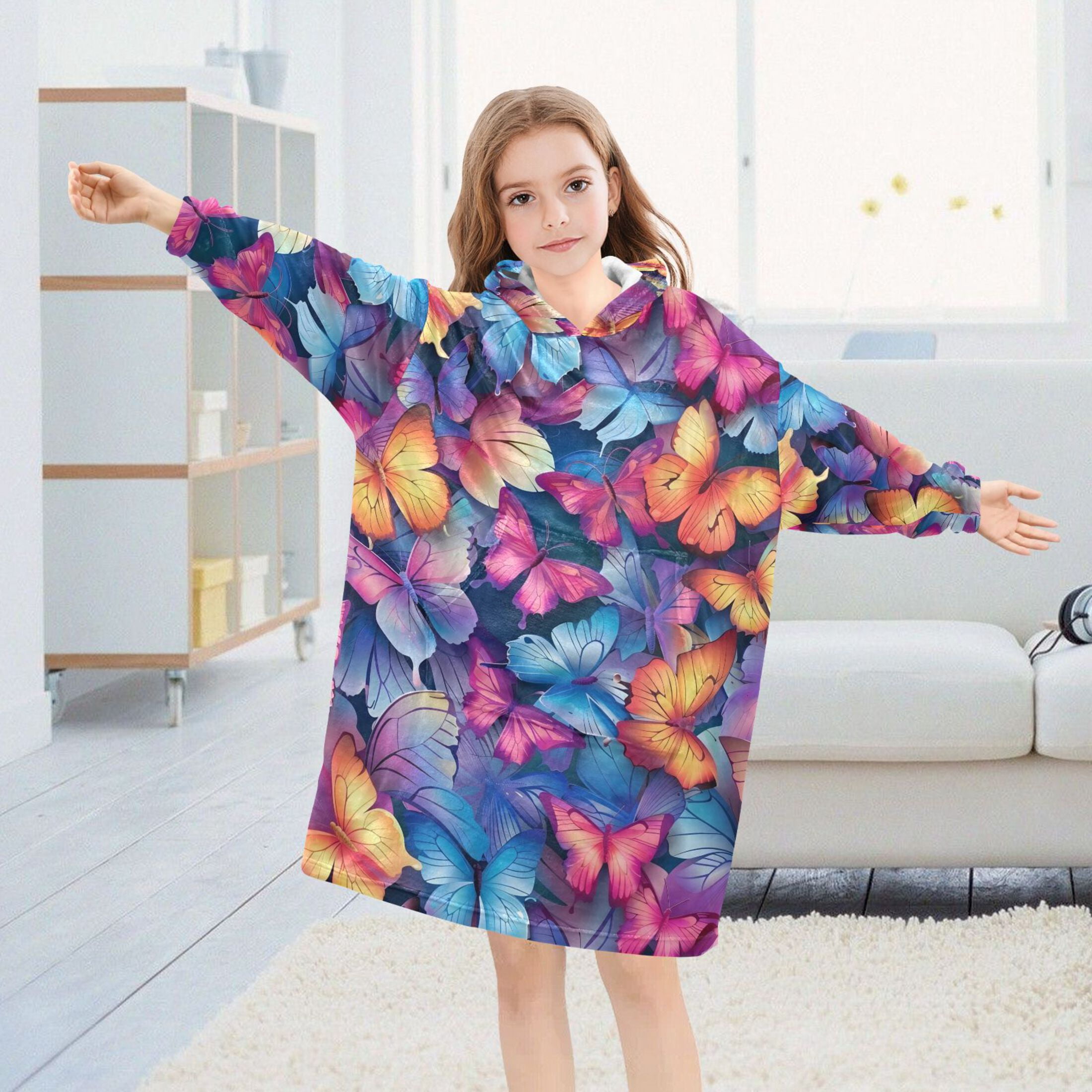 Dailycode Wearable Blanket Hoodie Oversized Sherpa Flannel Blankets with Pocket for 3-14 Year Old Vibrant Butterflies